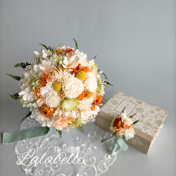 シトラスカラーのラウンドブーケ　ブライダルブーケ　ドライフラワー　プリザーブドフラワー　結婚式　ブーケ　前撮り 1枚目の画像