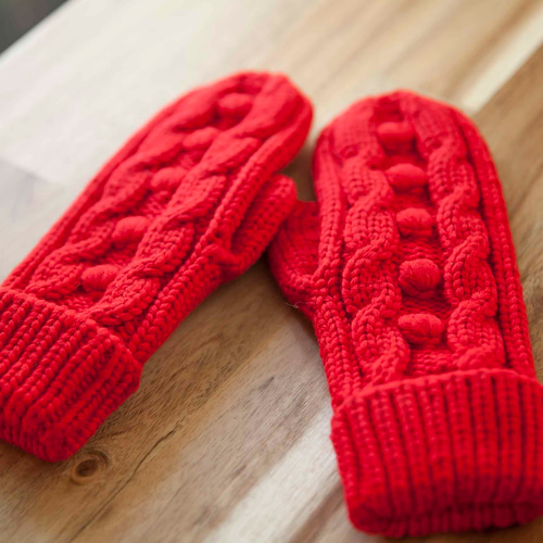 あたたかい・手編み ウール手袋・ミトン＊赤 レッド＊裏フリース
