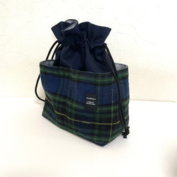 外ポケット付巾着袋　タータンチェック深緑ブルー系　 4枚目の画像