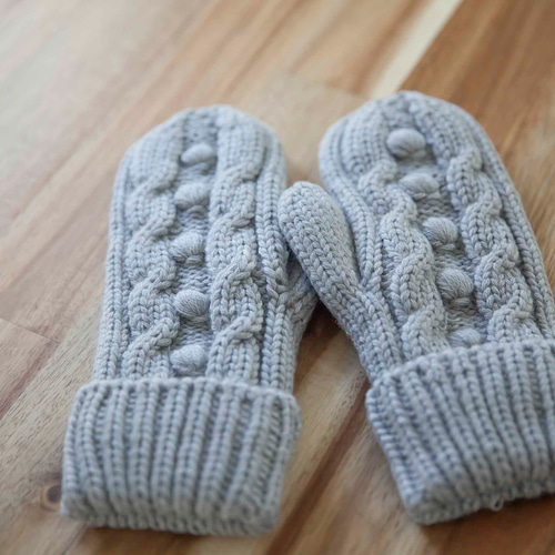 あたたかい・手編み ウール手袋・ミトン＊グレー/灰＊裏フリース