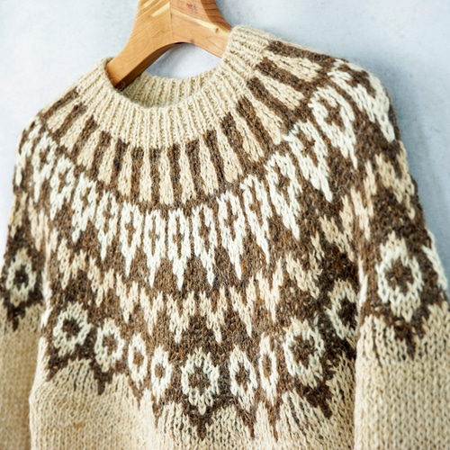 完売】手紡ぎアルパカ・求心柄ニット（N-390005-ベージュ）・ペルー