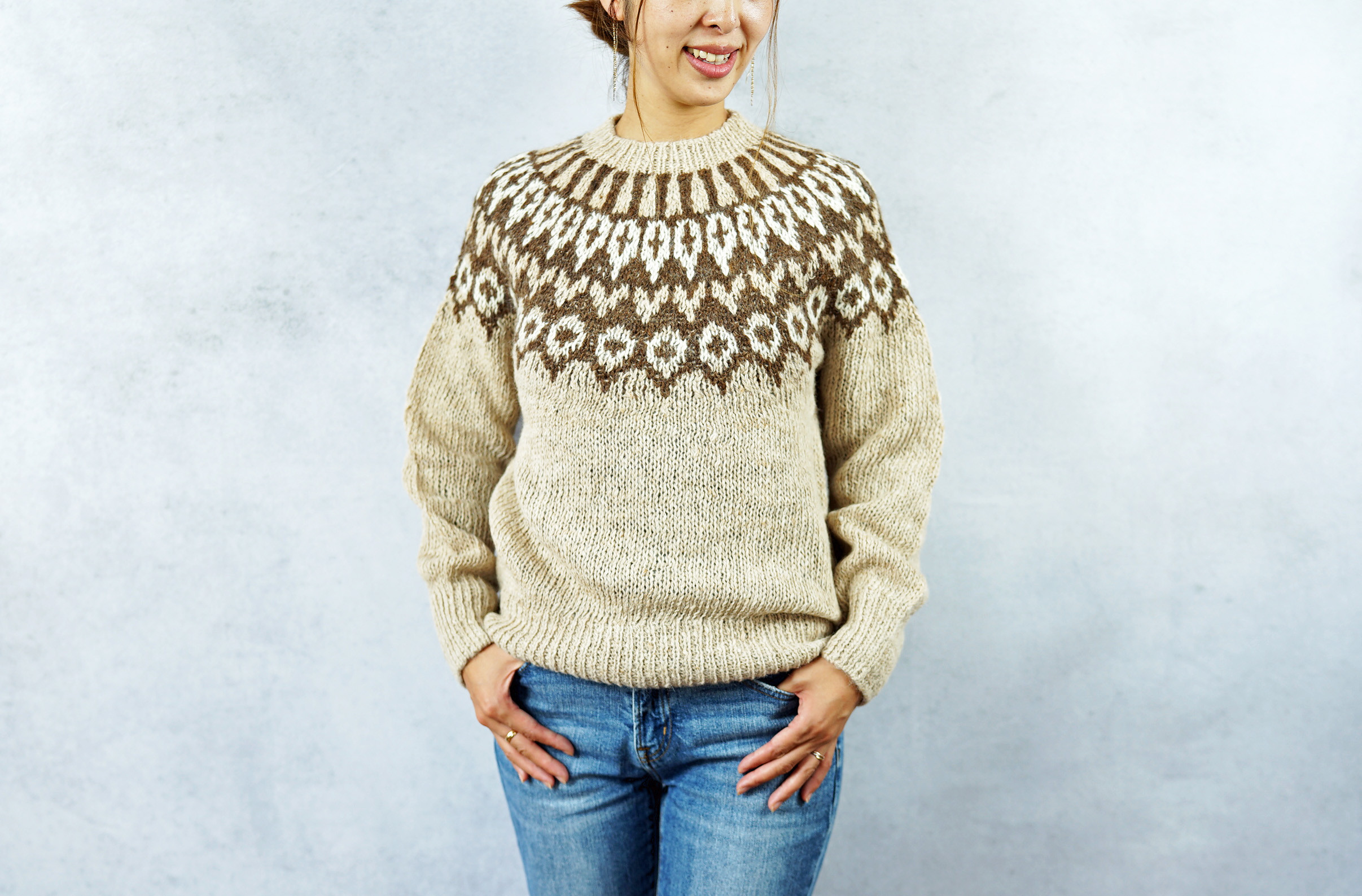 完売】手紡ぎアルパカ・求心柄ニット（N-390005-ベージュ