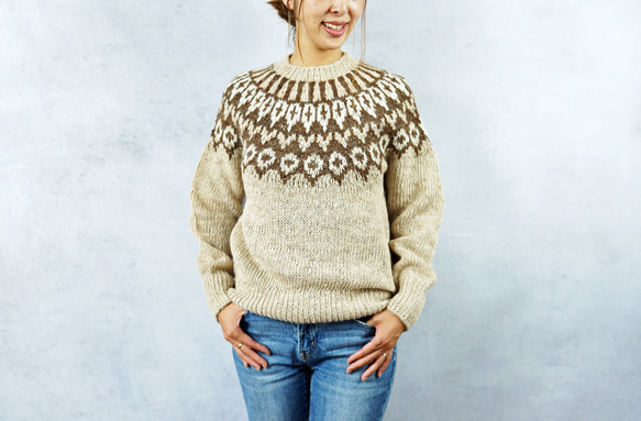 Rueca アイボリー手紡ぎセーター 完売】手紡ぎアルパカ・求心柄ニット（N-390005-ベージュ