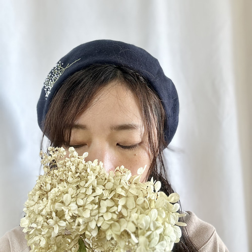 秋冬【大人/厚地】播州織かすみ草柄 こなれベレー帽 ネイビー ベレー帽