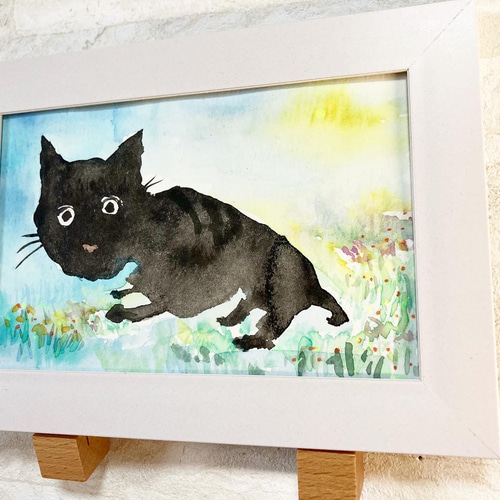 月夜のお散歩 黒猫 ねこ 原画 ポストカード 葉書サイズ 水彩画