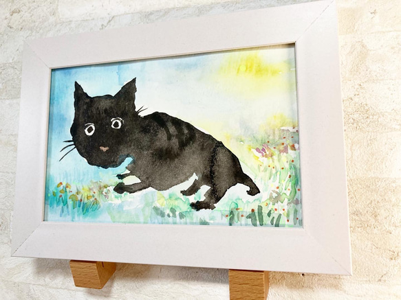 月夜のお散歩　黒猫　ねこ　原画　ポストカード　葉書サイズ　水彩画　 2枚目の画像