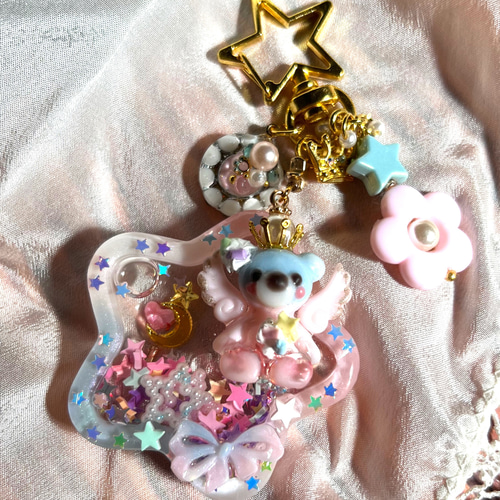 パステル色星の天使くまちゃんシャカシャカキーホルダー(名前入れ)ゆめ