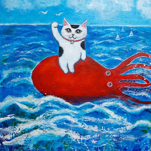 原画 「大きなタコに乗った招き猫」 F10号 ＃絵画 ＃ねこ
