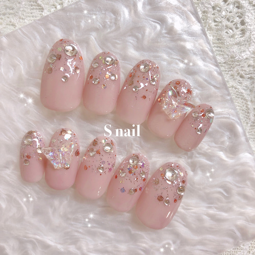 ネイルチップ ピンク オーロラ 蝶々 ストーン ガーリー 韓国 ネイル  