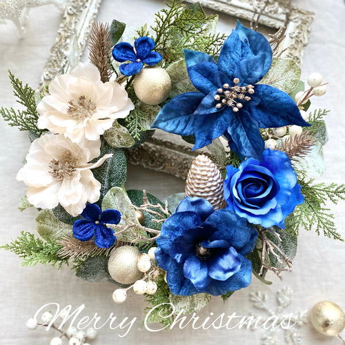 ブルーポインセチア・アネモネ・ローズ シックな大人Xmasリース 33