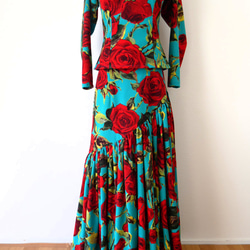 フラメンコ衣装 ストレッチサテン ジャスミン柄マゼンタ（C-1） 一点物