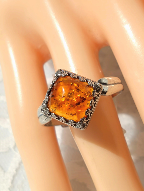 琥珀 天然 琥珀（アンバー） スクエア ring（8号～22号・SV925に