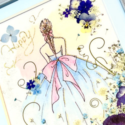 カスミ姫の青いドレス　押し花アート額（受注制作品） 2枚目の画像