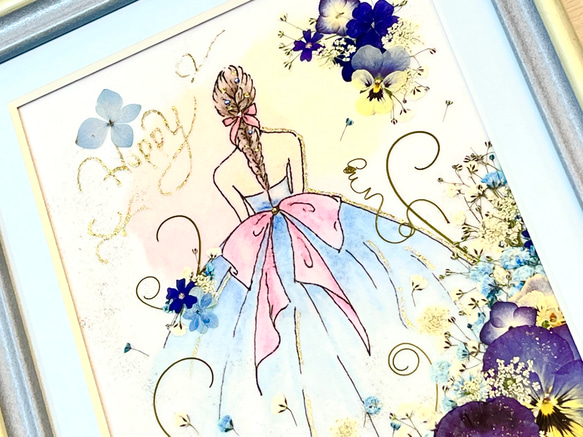 カスミ姫の青いドレス　押し花アート額（受注制作品） 2枚目の画像