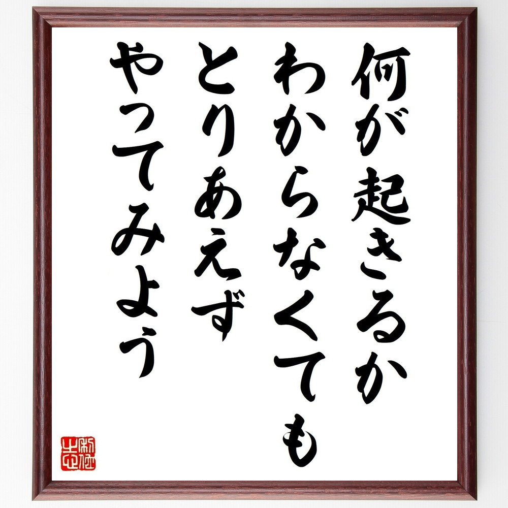 名言「何が起きるかわからなくても、とりあえずやってみよう」手書き書道色紙額／受注後の毛筆直筆（Y7491）
