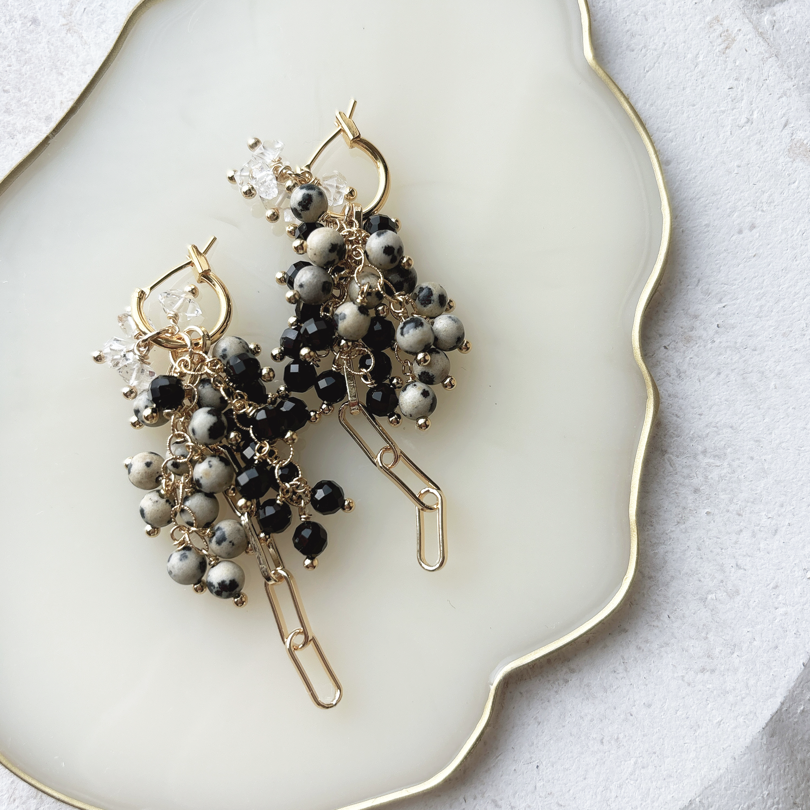 *天然石 16kgp* 着せ替えじゃらじゃら フープピアス イヤリング *ダルメシアンジャスパー ブラックオニキス*