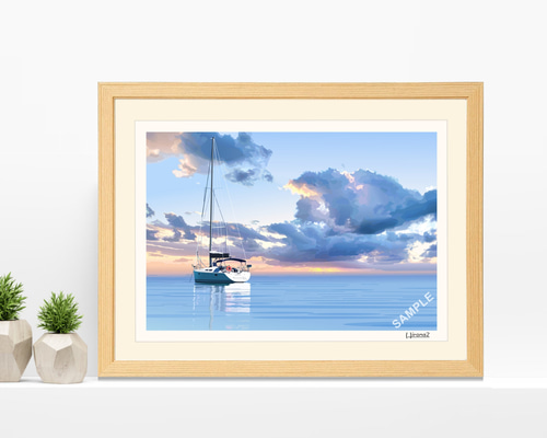 色鉛筆画、サイズA3、石垣島の海岸。 A3サイズ「凪の海」ケンコー（ナチュラル） 絵画 hiroma2 通販