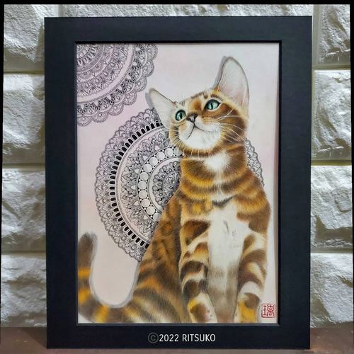 原画 1点もの ベンガル猫 レオパード 額装付き ボールペン画 日本人 