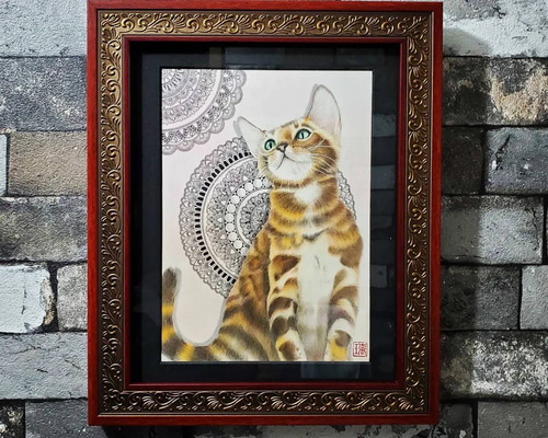 原画 1点もの ベンガル猫 レオパード 額装付き ボールペン画 日本人