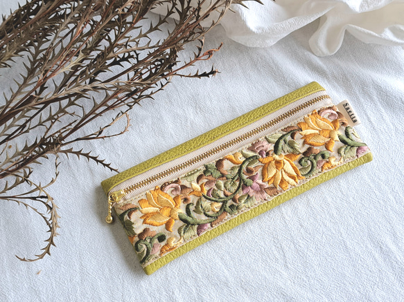 ギフトシリーズ ペンケース / ミントグリーン / 黄緑 / インド刺繍