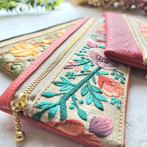 インド刺繍のショルダーバック、ミニ財布、ペンケース3点セット ギフトシリーズ ペンケース / ミントグリーン / 黄緑 / インド刺繍