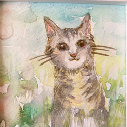 猫　花　花畑　ハンドメイド　原画　水彩　しましま　にっこり　草　草花　オーガニック 1枚目の画像
