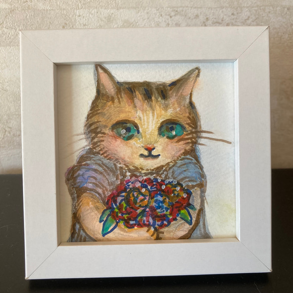 花束　猫　笑顔　癒し　原画　ハンドメイド　正方形 cat cats art 1枚目の画像