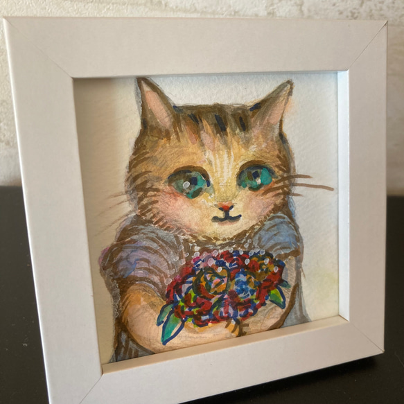 花束　猫　笑顔　癒し　原画　ハンドメイド　正方形 cat cats art 2枚目の画像