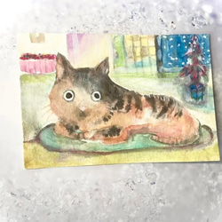 変な猫　原画　イラスト　冬　秋冬　雪　ハンドメイド 1枚目の画像