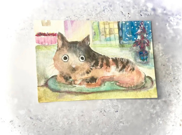 変な猫　原画　イラスト　冬　秋冬　雪　ハンドメイド 1枚目の画像