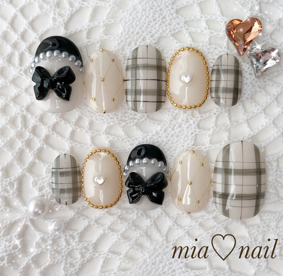 ギンガムチェックとリボンの可愛いガーリーネイル ネイルチップ（つけ  