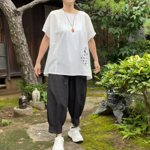 着物リメイク 手作り 縞木綿 シンプル パンツ （野良着古着木綿着物黒 