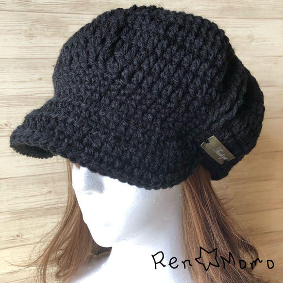 手編み キャスケット ニット帽 ブラック キャスケット ren-momo 通販