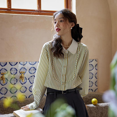 大人可愛い丸襟ストライプシャツブラウス ショートシャツ ブラウス