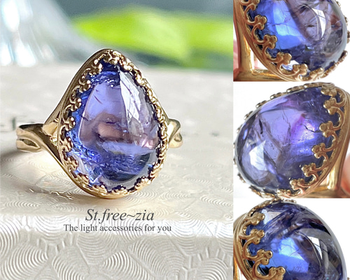 真鍮☆大粒☆宝石質タンザナイトAAA-☆11〜17号フリーサイズ☆ペア