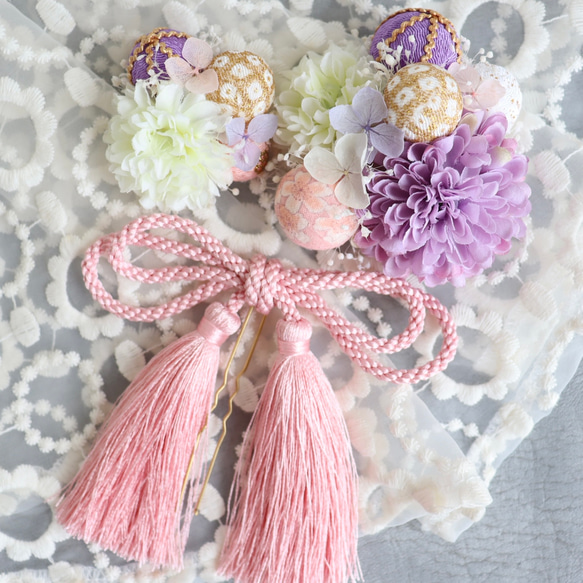 《White＆Purple：Pink ribbon》大きめサイズ✳︎七五三・卒業式髪飾り✳︎ショートやボブヘアにも✳︎ 6枚目の画像