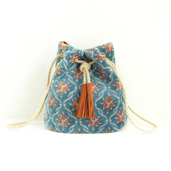 金華山零錢包&lt;淺藍橙花格子&gt;2Way單肩包絨提花編織 第1張的照片