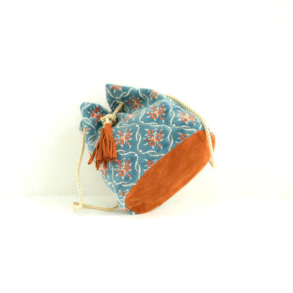 金華山零錢包&lt;淺藍橙花格子&gt;2Way單肩包絨提花編織 第3張的照片