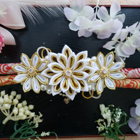 つまみ細工帯留め帯飾り七五三成人式花魁着物振り袖金パール