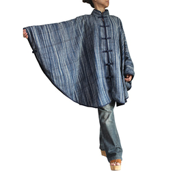 ざっくりジョムトン手織り綿インディゴ染めチャイナケープ（JFS-009-03） 1枚目の画像