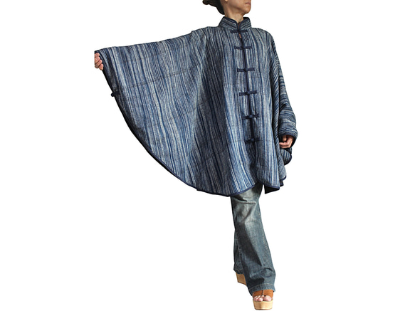 ざっくりジョムトン手織り綿インディゴ染めチャイナケープ（JFS-009-03） 1枚目の画像