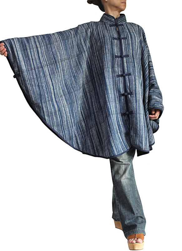 ざっくりジョムトン手織り綿インディゴ染めチャイナケープ（JFS-009-03） 2枚目の画像