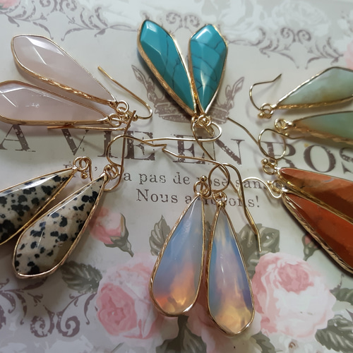 大ぶり天然石のピアス ターコイズローズクォーツダルメシアン ピアス