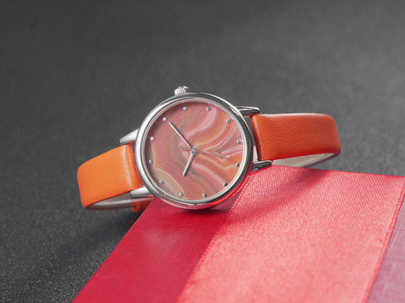 橙色瑪瑙紋路手錶 橙色錶帶 女裝手錶 全球免運 第5張的照片