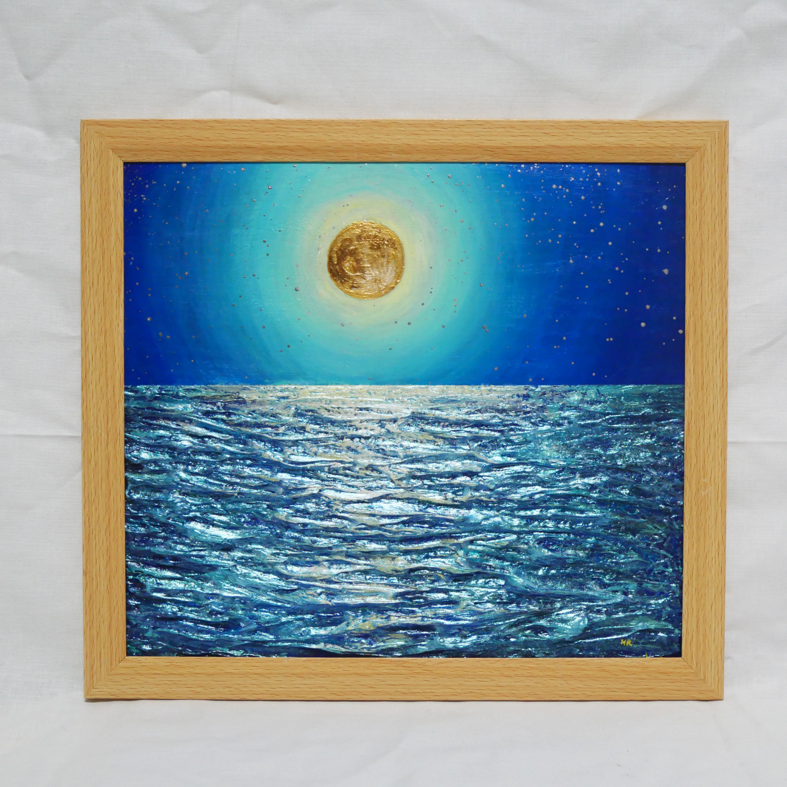 油絵 油彩 油彩画 絵 絵画 【オレンジ色の満月と輝く海】 - メルカリ