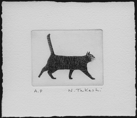 横向きの猫/銅版画(額あり） 3枚目の画像