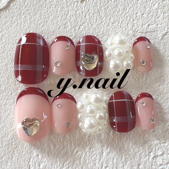 チェックネイル/フレンチネイル/ハートネイル/パール埋め尽くし  