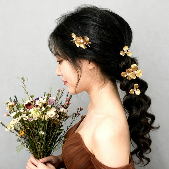 ゴールド　フラワー　髪飾り　ヘッドドレス　花　コーム　ピン　セット　成人式　前撮り　振袖　結婚式　ウェディング　和装