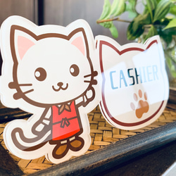 【送料無料】白猫イラスト cashier お会計サインスタンド レジ レジ前 お釣り お勘定 子猫 かわいい 表示板 3枚目の画像