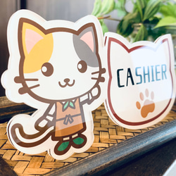 【送料無料】三毛猫イラスト cashier お会計サインスタンド レジ レジ前 お釣り お勘定 子猫 かわいい 表示 3枚目の画像